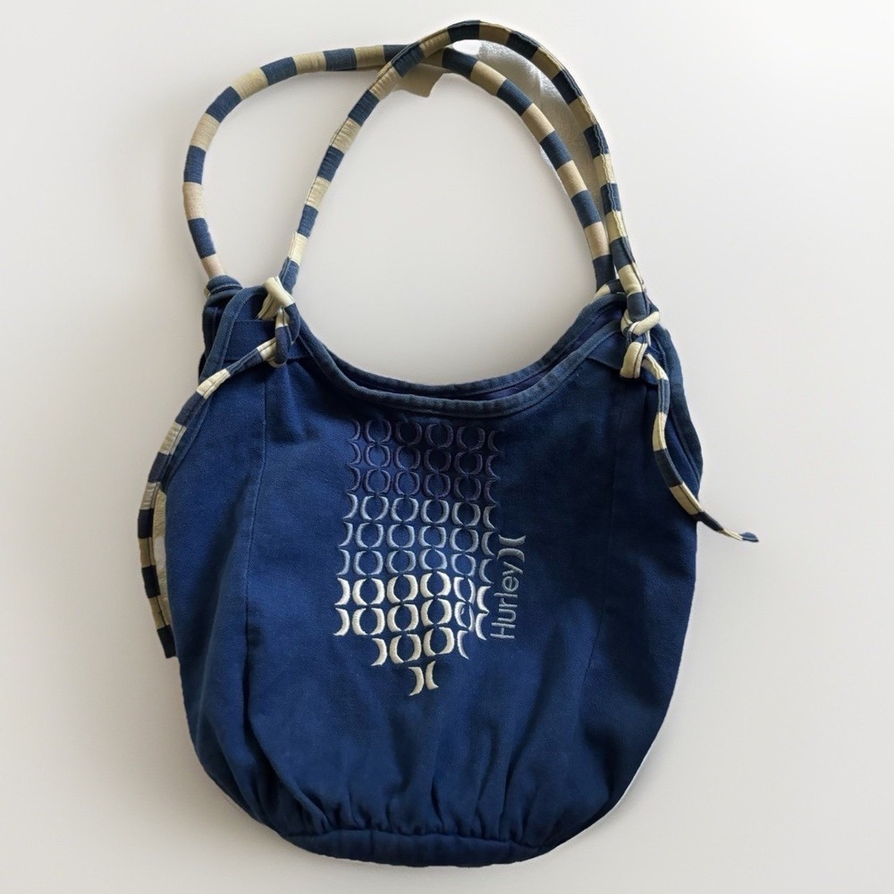 Hurley Canvas Hobo Bag Womens OS Navy Blue Embroidered Logo Striped Straps Surf